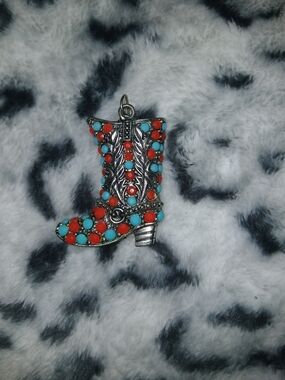 Turquoise & Coral Cowboy Boot Pendant
